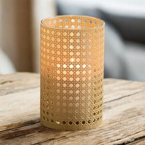 2 Elegant Woven Candle Holder - Tan